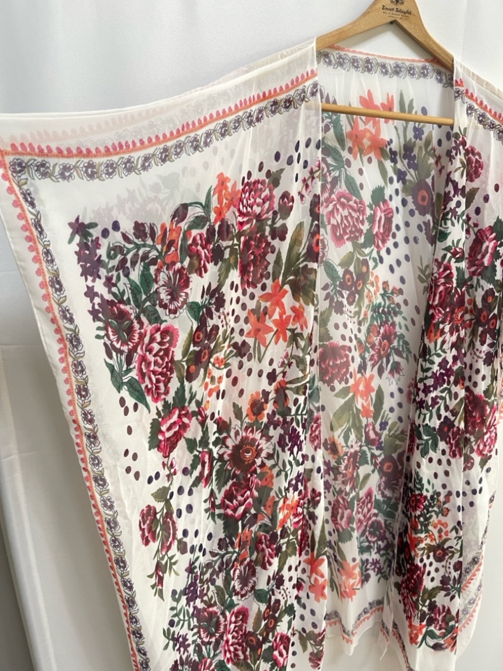 Sheer Floral Kimono Boho Duster Cover-Up in White with Pink & Green Flowers - Picture 3 of 5